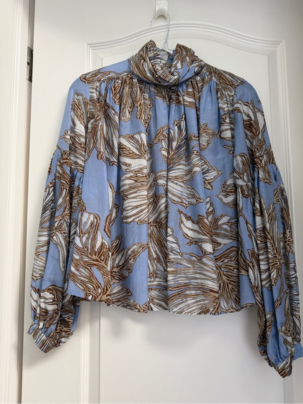 Banana Republic Blue and Brown Floral High-Neck Blouse